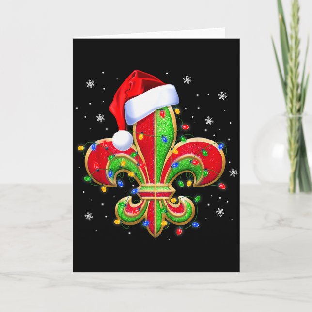 Fleur De Lis Christmas Ornament With Santa Hat Xma Card (Front)
