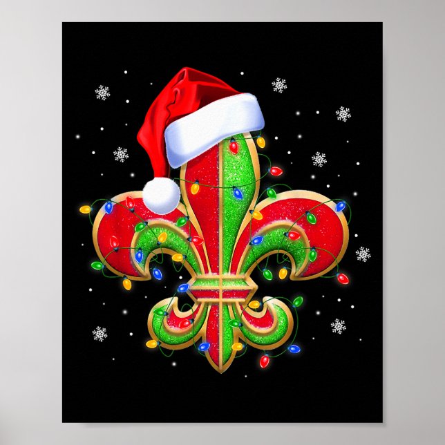 Fleur De Lis Christmas Ornament With Santa Hat Xma Poster (Front)