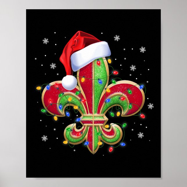 Fleur De Lis Christmas Ornament With Santa Hat Xma Poster (Front)