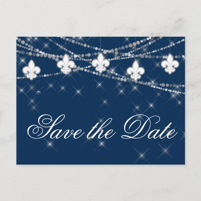 Fleur de Lis Classic Blue Lights | Jewel Wedding Announcement Postcard (Front)