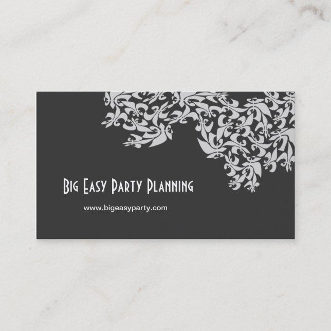 Fleur de Lis Coal Black White Damask Business Card (Front)