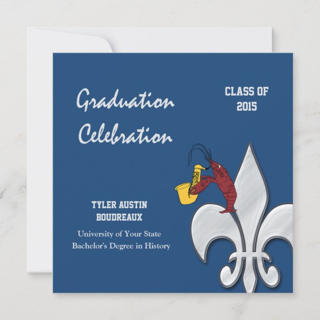 Fleur de Lis Dark Blue Crawfish Graduation Invitation (Front)