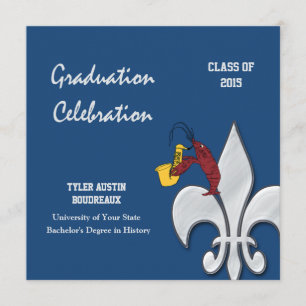 Fleur de Lis Dark Blue Crawfish Graduation Invitation