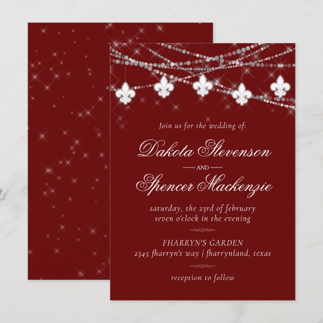 Fleur de Lis Dark Red Lights | Crimson Wedding Invitation (Front/Back)