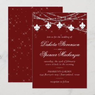Fleur de Lis Dark Red Lights   Crimson Wedding Invitation