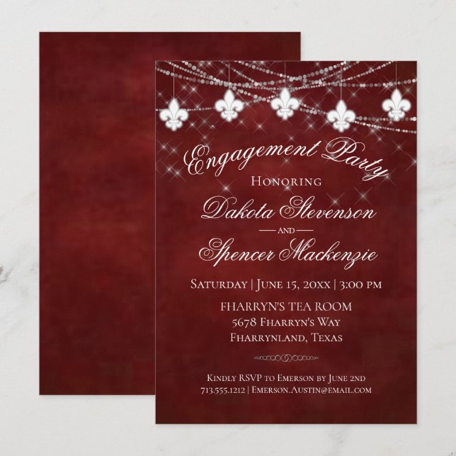 Fleur de Lis Dark Red Lights | Engagement Party Invitation (Front/Back)