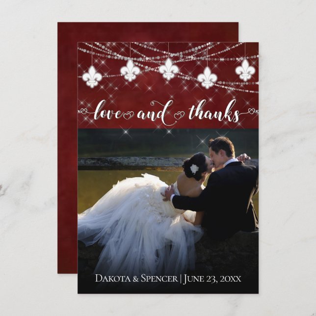 Fleur de Lis Dark Red Lights | Photo Love and Thank You Card (Front/Back)