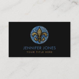 Fleur-de-lis - Dot Art Blue Marble and Gold Business Card