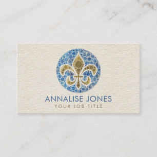Fleur-de-lis - Dot Art Blue Marble and Gold Business Card