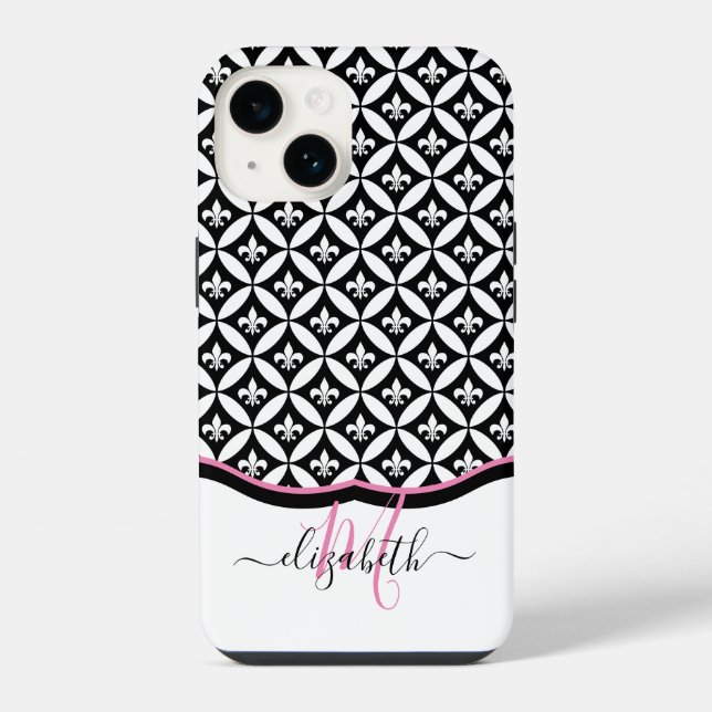 Fleur de Lis Eternity Pattern Monogram - Black iPhone Case (Back)