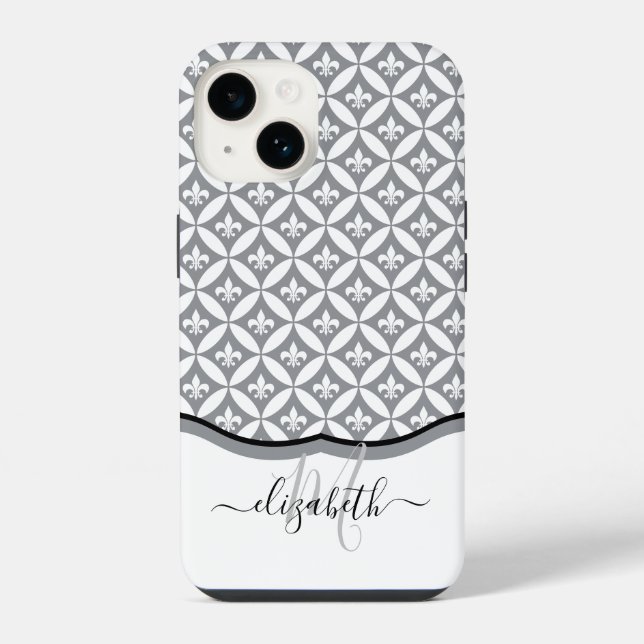 Fleur de Lis Eternity Pattern Monogram - Grey iPhone Case (Back)