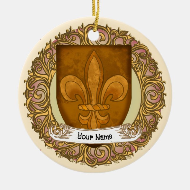 Fleur De Lis Family Crest Surname Ceramic Tree Decoration (Front)