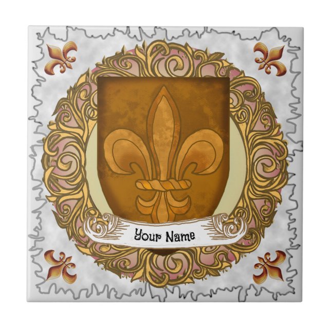 Fleur De Lis Family Crest Surname Tile (Front)