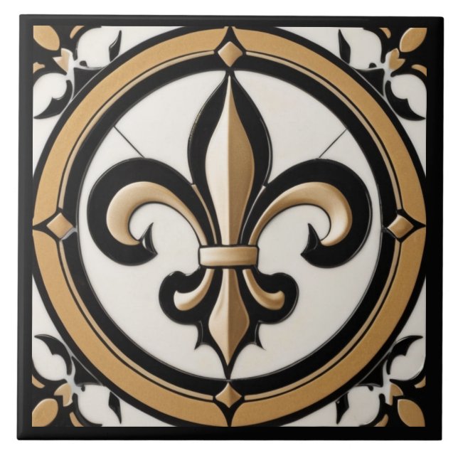 Fleur de Lis Faux Antique Black White Gold Tile (Front)