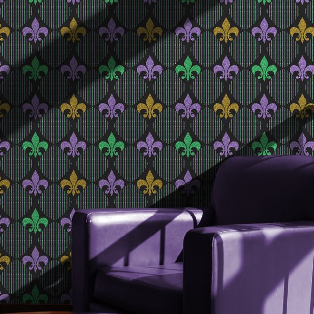 Fleur de Lis Faux Glitter | Black Mardi Gras Wallpaper (Fleur de Lis Faux Glitter Black Mardi Gras Pattern Wallpaper)