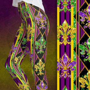 Fleur-de-lis faux glitter mardi gras colors stripe leggings