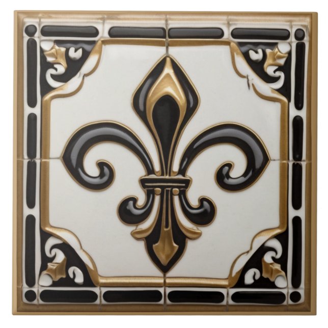 Fleur de Lis Faux Relief Black White and Gold Tile (Front)