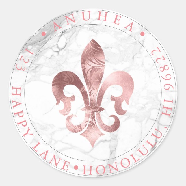 FLEUR DE LIS | FAUX ROSE GOLD DAMASK CLASSIC ROUND STICKER (Front)