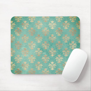 Fleur de lis gold and teal green vintage patina  mouse mat