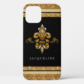 Fleur de Lis Gold Glitter Black Elegant French iPhone 12 Pro Case