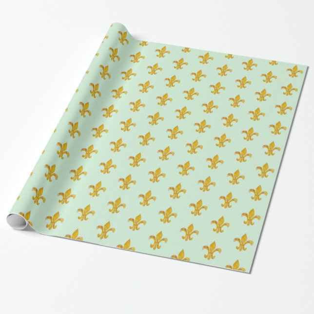 Fleur de Lis Gold/Mint Wrapping Paper (Unrolled)
