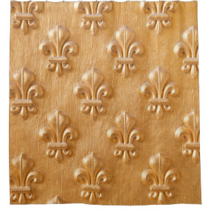 fleur de lis, gold painted wood wall, vintage wood shower curtain
