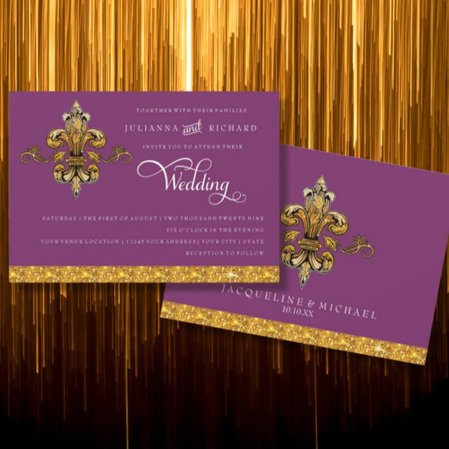 Fleur de Lis Gold Purple Elegant Formal Wedding Invitation (Creator Uploaded)