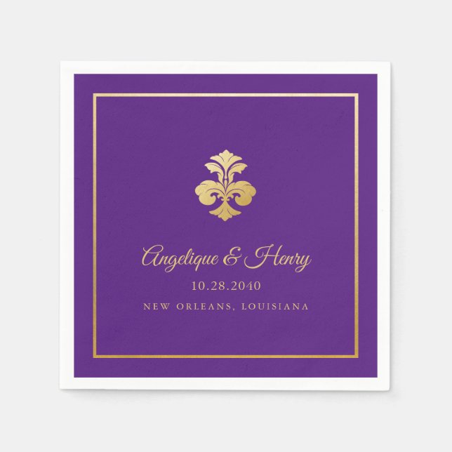 Fleur de Lis Gold Purple Elegant Personalised Napkin (Front)