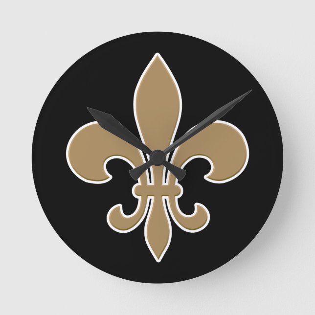 Fleur de Lis Gold with White and Black Outline Round Clock (Front)
