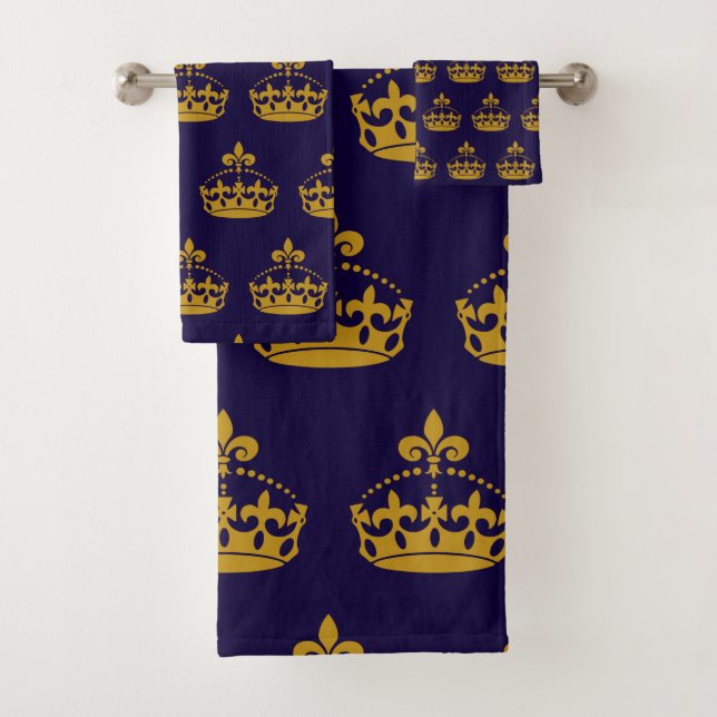 Fleur De Lis Golden Crown Royalty Lily Flower Navy Bath Towel Set (Insitu)