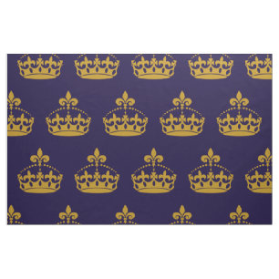 Fleur De Lis Golden Crown Royalty Lily Flower Navy Fabric