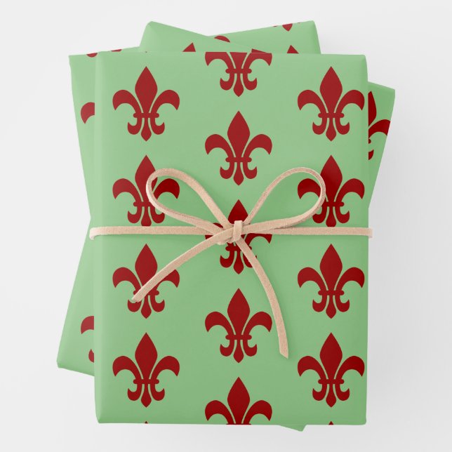Fleur De Lis Green and Red Wrapping Paper Sheet (In situ)