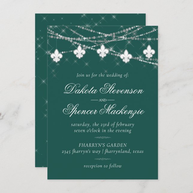 Fleur de Lis Green Lights | Bold Themed Wedding Invitation (Front/Back)