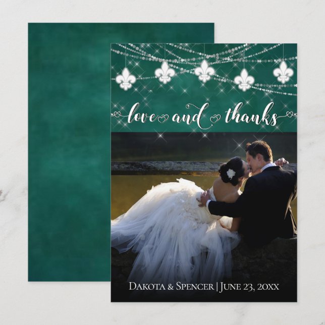 Fleur de Lis Green Lights | Photo Heart Love and Thank You Card (Front/Back)