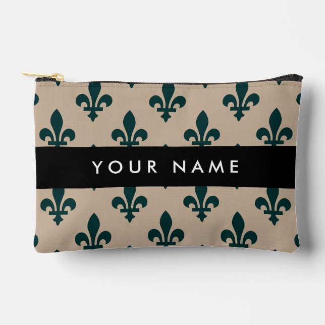 Fleur de Lis, Green on Beige, Royal, Your Name Accessory Pouch (Front)