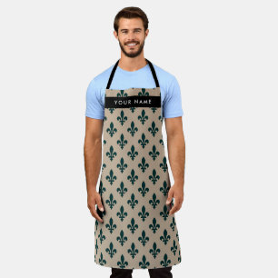 Fleur de Lis, Green on Beige, Royal, Your Name Apron