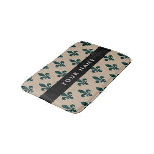 Fleur de Lis, Green on Beige, Royal, Your Name Bath Mat