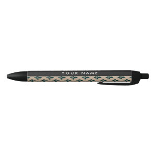 Fleur de Lis, Green on Beige, Royal, Your Name Black Ink Pen