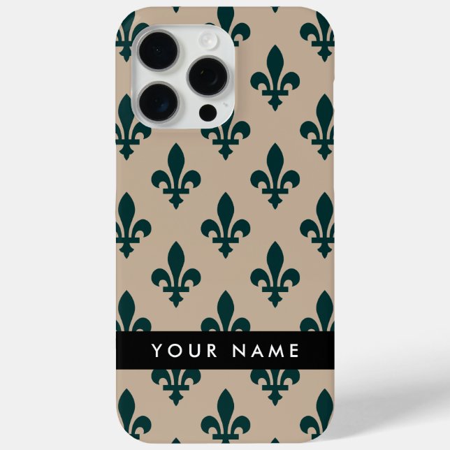 Fleur de Lis, Green on Beige, Royal, Your Name Case-Mate iPhone Case (Back)