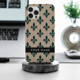 Fleur de Lis, Green on Beige, Royal, Your Name iPhone 15 Pro Max Case