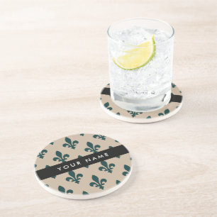 Fleur de Lis, Green on Beige, Royal, Your Name Coaster