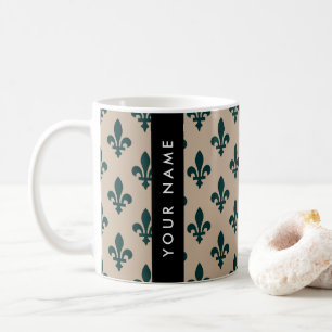 Fleur de Lis, Green on Beige, Royal, Your Name Coffee Mug