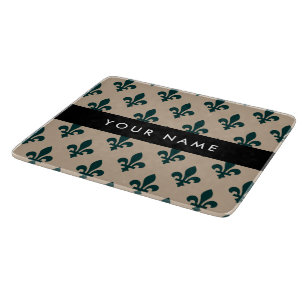 Fleur de Lis, Green on Beige, Royal, Your Name Cutting Board