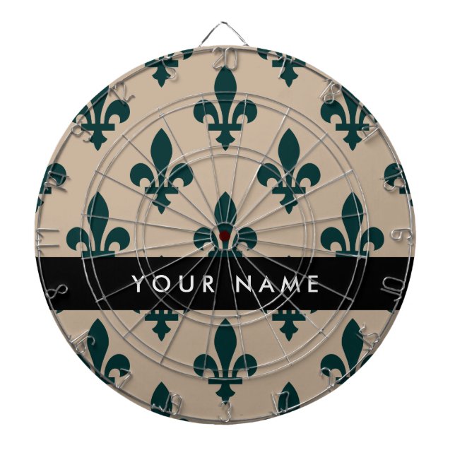 Fleur de Lis, Green on Beige, Royal, Your Name Dartboard (Front)