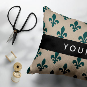 Fleur de Lis, Green on Beige, Royal, Your Name Decorative Cushion