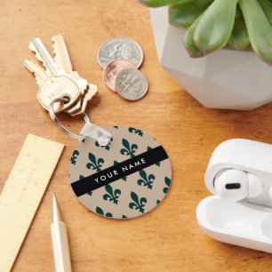 Fleur de Lis, Green on Beige, Royal, Your Name Key Ring