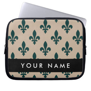 Fleur de Lis, Green on Beige, Royal, Your Name Laptop Sleeve