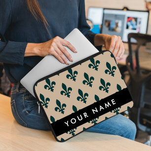 Fleur de Lis, Green on Beige, Royal, Your Name Laptop Sleeve
