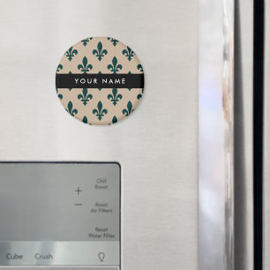 Fleur de Lis, Green on Beige, Royal, Your Name Magnet