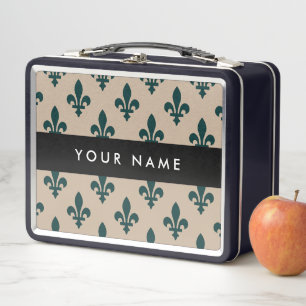 Fleur de Lis, Green on Beige, Royal, Your Name Metal Lunch Box